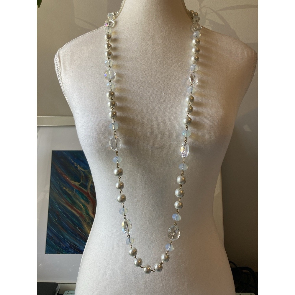 Long Faux Pearl Crystal AB‎ Bead Necklace Gold Tone Romantic Aurora Borealis